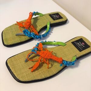 Frankie and Baby Beverly Feldman Beaded Lobster Sandals Green Womens US Shoe 7